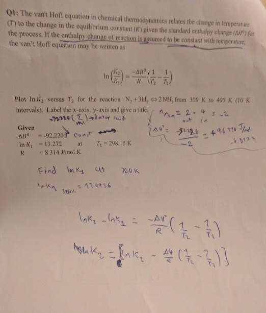 Q1: The vant Hoff equation in chemical thermodynamics relates the change in temperature (T) to the change in the equilibrium constant (K) given the standard enthalpy change (A) for the process. If the enthalpy change of reastion ig asumed to be constant with tempernture the vant Hoff equation may be written as: K2) = _(1-1 Plot Ink, versus T, for the reaction N2+3112艹2 NH, from 300 K to 400 K (10 K intervals). Label thex-axis, y-axis and give a title, n, “ 2-4 へ^ Given 11ス =13.272 = 8.3 14 J/mol·K In K1 Ti-298.15K at Find Inks at TOOK 1, 416