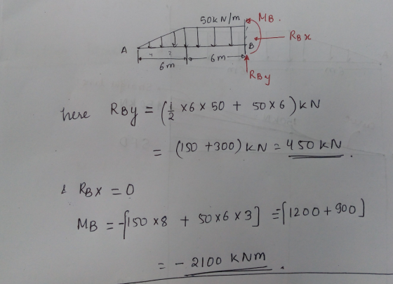 50kN/m 6 MB. - Rox 4 ? o 6m 6m RBY here Røy = (x6 x 50 + 50 x 6 )KN = (180 +300) KN = 450KN & RB x=0 MB - fiso x8 + $0 x6 x 3