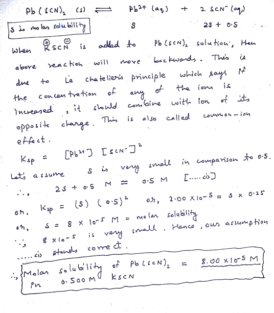Pb (SCN), (s) = Pb2+ (aq) + 2 SON (aq) Is io mo las solubility I S 1.25 + os when & scn is added to Pb (SCN) solution, their