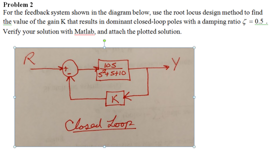 Problem 2 For the feedback system shown in the diagram below, use the root locus design method to find the value of the gain K that results in dominant closed-loop poles with a damping ratio Ç-0.5- Verify your solution with Matlab, and attach the plotted solution.