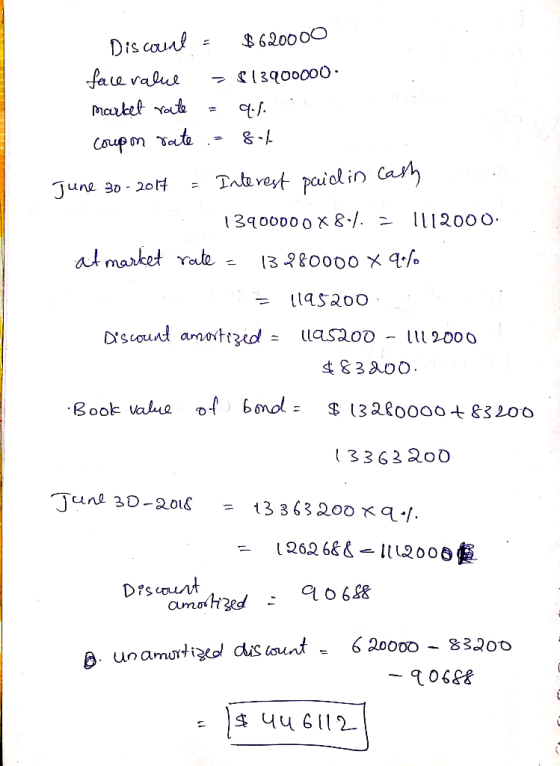 Discount - $620000 face value = $13900000. market rate = 9.1. coupon rate .=84 June 30 2017 = Interest paid in cash 13900000