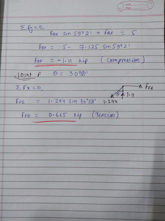 Date Page Efy=0, FBE sim soal + FBP For = 5- 7.125 Sins goal for =-|.ll kip ( compression Joint f 3008 Erato, FFE lou FIE A o