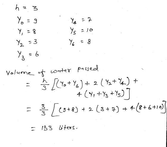 h=3 Yo = 9 YA =7 Y = 8 Ys = 10 Y2 = 3 Yo = 8 6 3 Ya Volume of water passed § [C%+Y) + Yo + Yo ) + 2 (42+44.) + - 4 (Yp+ Y3 +Y