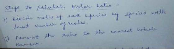 os molis. steps to calmlate molar Ratio - i sivide moles of each species by species with I least Number of mo 11) corvert the