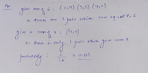 give sumy 6: (2,4) (3,3) (4,2) 3. there are 3 pair wilk sus equal to 6 give a sumy 3 (4,4) 3 trein is only pair which give su
