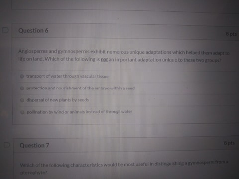 Question 6 Angiosperms and lymnosperms exhibit numerous unique adaptations which helped them adat life on land. Which of the