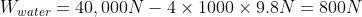 W_{water}= 40,000 N-4\times 1000\times 9.8 N = 800 N