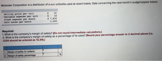 Molander Corporation is a distributor of a sun umbrella used at resort hotels. Data concerning the next months budget appear