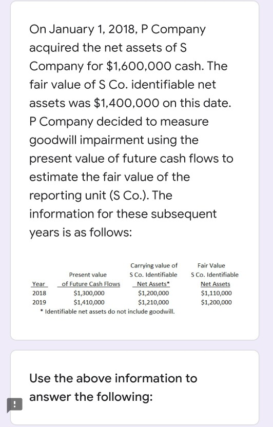 On January 1, 2018, P Company acquired the net assets of S Company for $1,600,000 cash. The fair value of S Co. identifiable