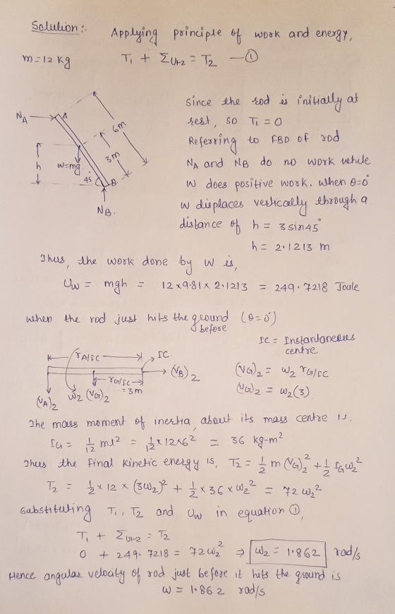 Solution Applying T + principle of work and energy, Eurz = Te - 6 m=12 kg om 3m ks 45 MB since the rod is initially at rest,