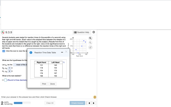 x 9.3.9 Question Help Several students were tested for reaction times in thousandths of a second) using their right and left