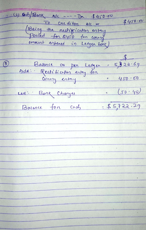 $450.ru 6) Cash Bank All ----Dm $450.00 To creditor All as Being the rectification entry passed for $450 for wrong amount ent