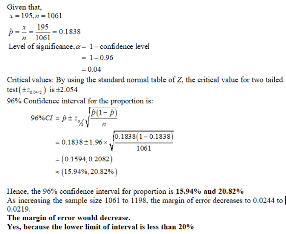 Given that, x 195,n 1061 195 0.1 838 p = 1061 Level of significance,a- 1-confidence level 1 0.96 =0.04 Critical values: By us