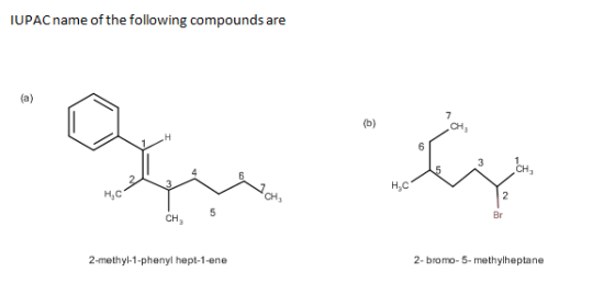 of the following compounds are IUPACname CH3 CH H3C H,C Br CH 2-bromo-5-methylheptane 2-methyl-1-phenyl hept-1-ene
