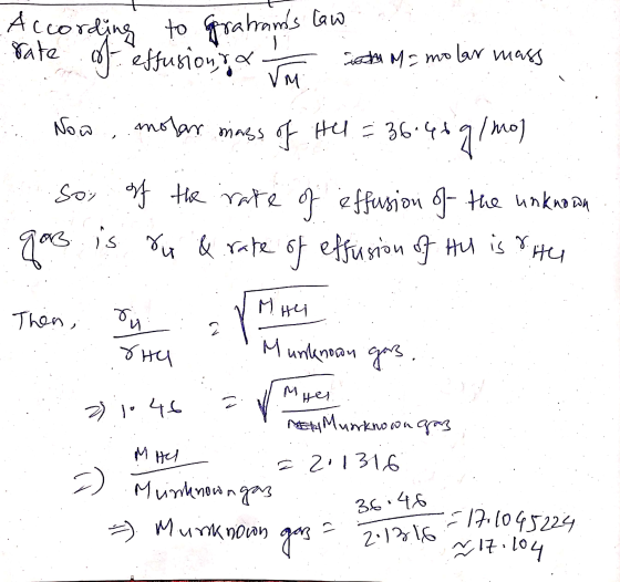 According to Grahrams law rate of effusion sa ma intal M=molar mass - Now , molar mass of Hel = 36.40 9/mol so of the rate o