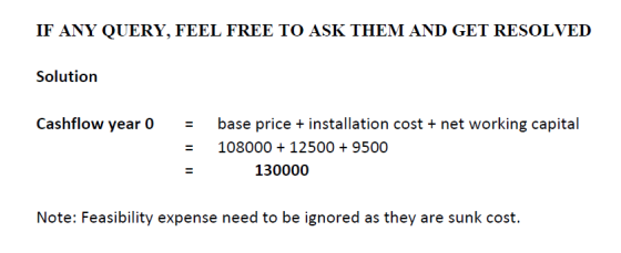 IF ANY QUERY, FEEL FREE TO ASK THEM AND GET RESOLVED Solution Cashflow year o base price + installation cost + net working ca