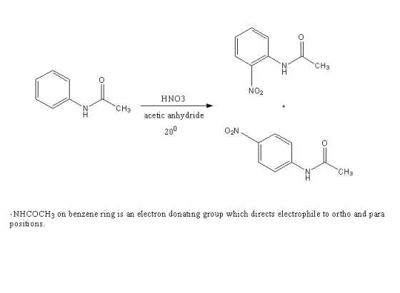 CH3 HNO3 acetic anhydride 200 CH3 02N CH3 NHCOCH3 on benzene ring is an electron donating group which directs electrophile to