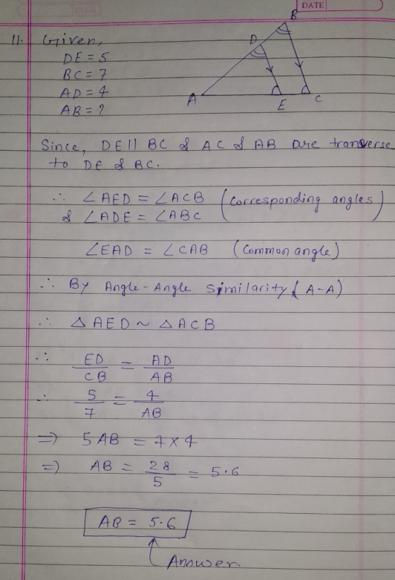 DATE RC= 7 AD-4 Cartespanding angs EAD=</ CAB (Common qn ー By Similarity, IA-2) Angle-Angle : ED AB 4