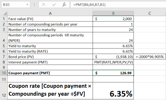 B10 X fix =PMT(B6,B4,B7,81) B 2,000 24 А 1 Face value (FV) 2 Number of compounding periods per year 3 Number of years to matu