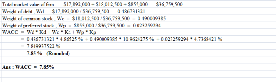 Total market value of firm = $17,892,000+ $18.012,500 + $855,000 = $36.759.500 Weight of debt, wd = $17,892.000 / $36,759,500