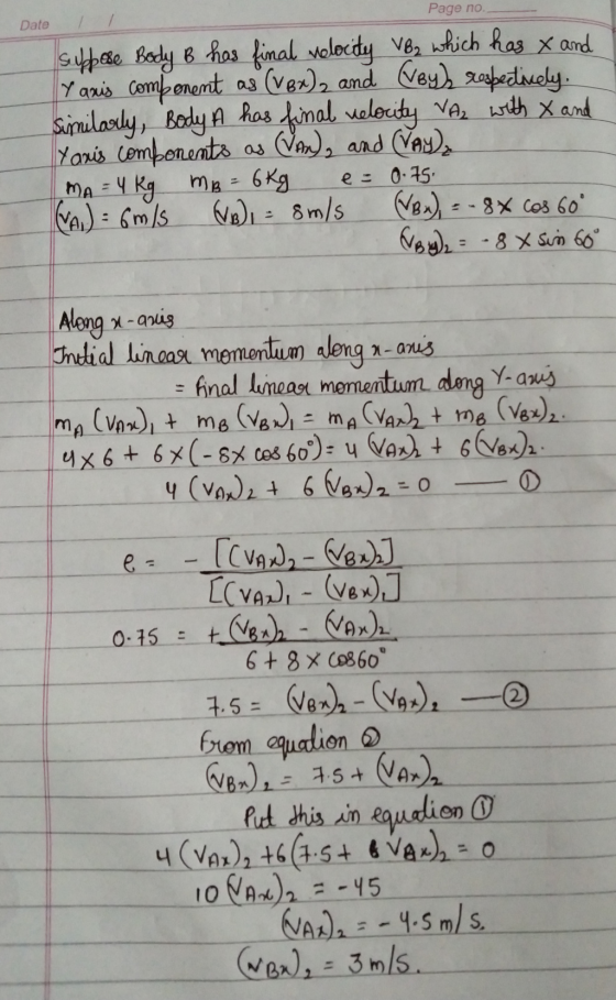Page no Date suppose Body B has final velocity VB, which has x and Yaris component as (VBx), and (vey respectively. Similarly