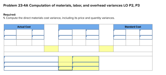Problem 23-4A Computation of materials, labor, and overhead variances LO P2, P3 Required: 1. Compute the direct materials cos