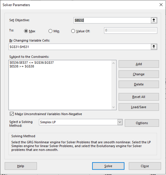 Solver Parameters х Set Objective: SBS32 To: Max Min O Value of: 0 By Changing Variable Cells: SG$31:5H531 Subject to the Con
