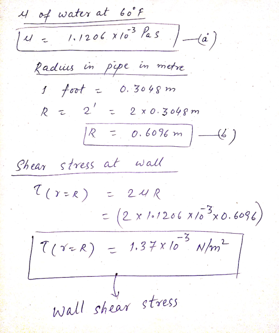 water at 6of 7./206 X Radies in Ppe in metre 1foot 0. 3048 m 2 / 2 x o. 3048 m 0. 6096 m ( Shear stress at wall 2 4R -3 2 x