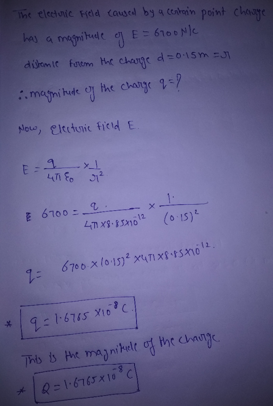 The electric field caused by a certain point charge has a magnitude of E= 67000/ distance from the charge d = 0.15m = 1 magni