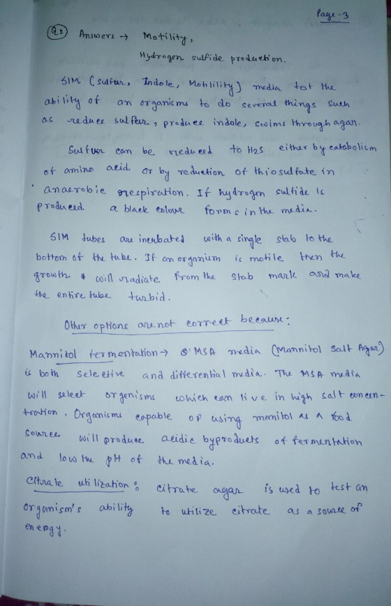 Page 3 Answers - Motility, Hydrogen sulfide production. sim (sulfur, Indole, Motilility) media test the an organisms to do se