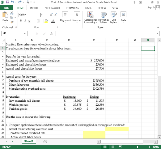 Cost of Goods Manufactured and Cost of Goods Sold - Excel Sign In A FILE PAGE LAYOUT НOME INSERT FORMULAS DATA REVIEW VIEW Ca