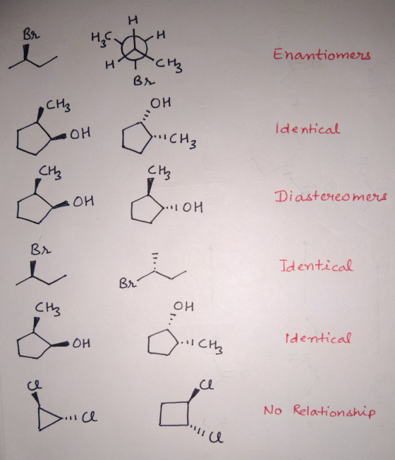 н B) Enantiomers СИ Br он Счен, он Identical Diastereomers 1 он 11. • Identical Bri он ОН identical ince No Relationship х