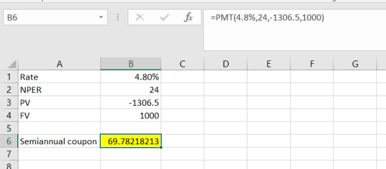 B6 X V fc =PMT(4.8%,24,-1306.5,1000) C D E F G | A 1 Rate 2 NPER 3 PV 4 FV 5 6 Semiannual coupon 7 B 4.80% 24 -1306.5 1000 69