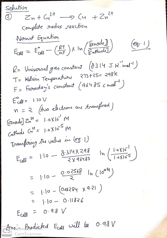 solution € Znt Cult Cu + Zut complete redox reaction Nonst Equation Fell = Encode - ChEDx in care po t (ul) R- Universal gas