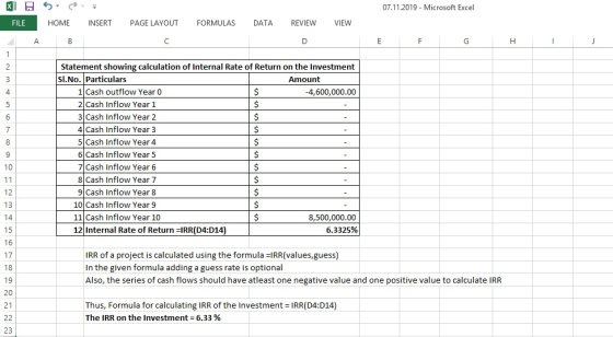 07.11.2019 - Microsoft Excel FILE Gas HOME INSERT A B PAGE LAYOUT FORMULAS DATA REVIEW VIEW Statement showing calculation of