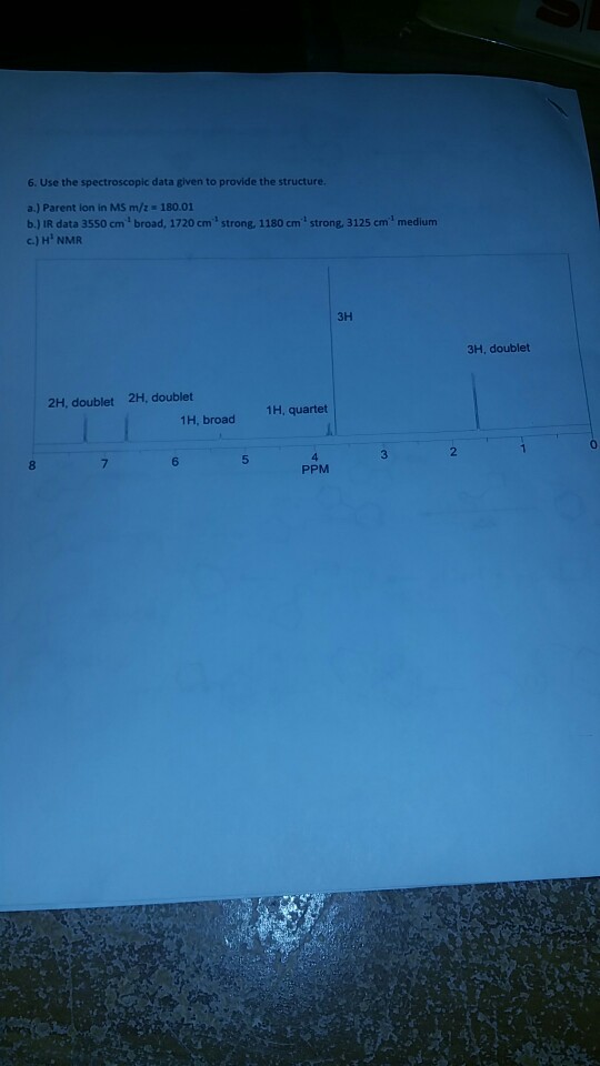 Image for 6. Use the spectroscopic fata given to provide the structure a) Parents ion MS m/z = 180.01 b) IR data 3550 cm