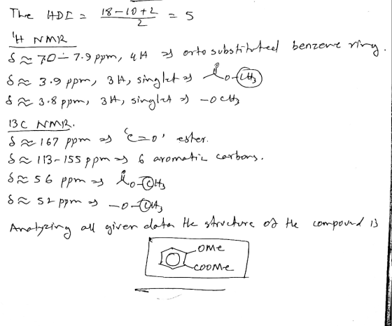 viry The HDI = 18-10+2 =5 . IH NMR s ~ 7.0 7.9 ppm, 414 as orto substituted benzene rina sa 3.5ppm, 3 H, singlet as to fit)