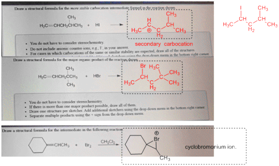 t CH3 Draw a structural formula for the more stable cabocation intermedia CH, H2CCHCH,CHCH, HI H3C CH3 сна htcore • You do no