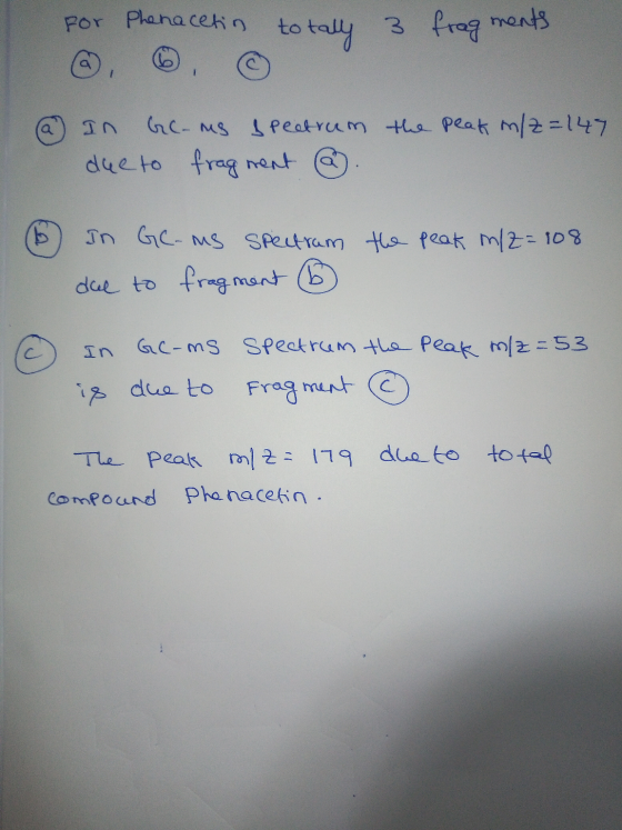 For Phenacetin totally 3 fragments @ In GC-ms spectrum the peak in/2=147 due to fragment @. 6 In GC-ms spectrum the peak in/2