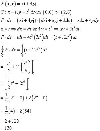 F(x,y) = xi +4yi C: x=t, y = { from (0,0) to (2,8) F.dr = ( xi +4yj) (dzi+dyj +dzk) = xdx+4ydy x=t=dx = dt andy = t = dy = 36