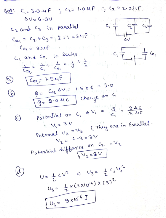 ; (2=100 uF C3 ²2.0uF. Solo 9,=3.0 uF Ov=6.ov C, th Du ez and C3 in parallel Cei = C₂ + C3 = 2 + 1 =3 uf Ce=3ur C, and cel tI
