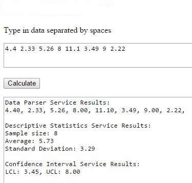 Type in data separated by spaces 4.4 2.33 5.26 8 11.1 3.49 9 2.22 Calculate Data Parser Service Results: 4.40, 2.33, 5.26, 8.00, 11.10, 3.49, 9.00, 2.22, s Service Results: Descriptive statistic Sample size: 8 Average: 5.73 Standard Deviation: 3.29 Confidence Interval Service Results: LCL: 3.45, UCL 8.00