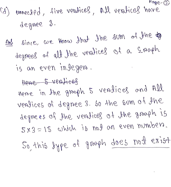 Page ③ (d) connected, five vestices, All vestices have degree 3. And since, we know that the sum of the da degrees of all the
