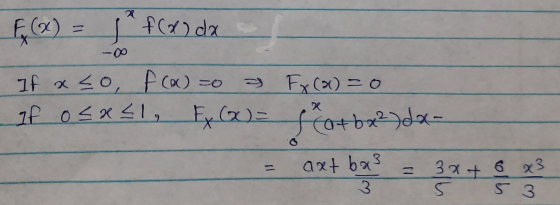 F(x) = 1 f(x) dx If aco, f(a)=0 a if os x 21, Fy(x) = Fx(x) = 0 eat bx²) dax- = axtbas = 3x + 6 x² 5 5 3