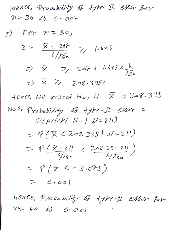 Hence, Probability of typer II esrar for N2 30 is Oooo2 $) For nosos 2- - 207 6/550 7 libus 7, 207 + 1645. b 550 =) > > 208.3