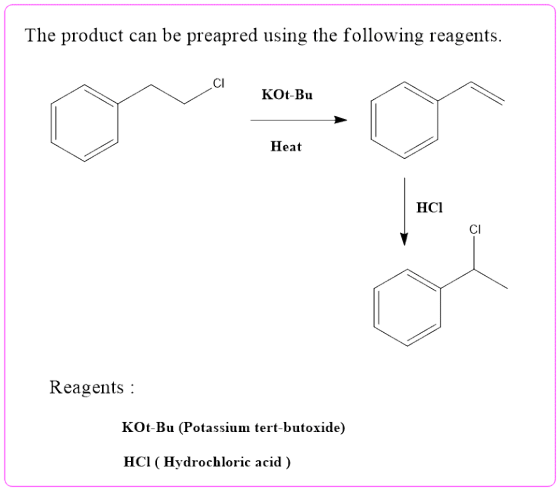 The product can be preapred using the following reagents. CI KOt-Bu Heat HCI Reagents : KOt-Bu (Potassium tert-butoxide) HCl