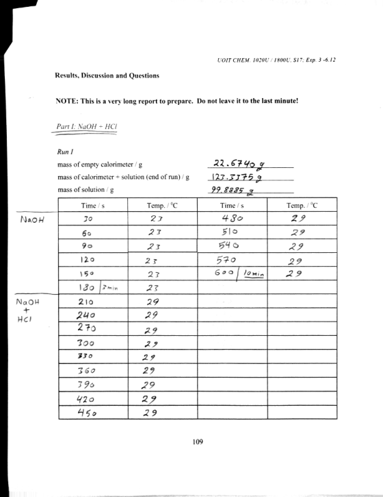 UOIT CHEM 1020U 1800U, S17: Exp. 3-6.12 Results, Discussion and Questions NOTE: This is a very long report to prepare. Do not leave it to the last minute! Part I: NaOH HC Run I mass of empty calorimeter /g mass of calorimeter +solution (end of run) g mass of solution /g 22.67 Temp. C 2 9 Time s Temp. /°C Time /s NaoH 2了 2夕 29 2 9 570 12o 50 130 Pmin 210 24o 270 了00 33 o 360 3 96 42o H5 0 2 3 2了 23 29 29 2 9 ,2夕 29 29 29 29 2 9 NaOH Hcl 109