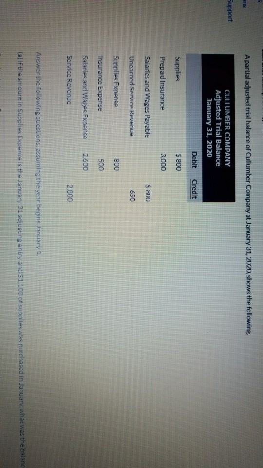 ons A partial adjusted trial balance of Cullumber Company at January 31, 2020, shows the following. Support CULLUMBER COMPANY