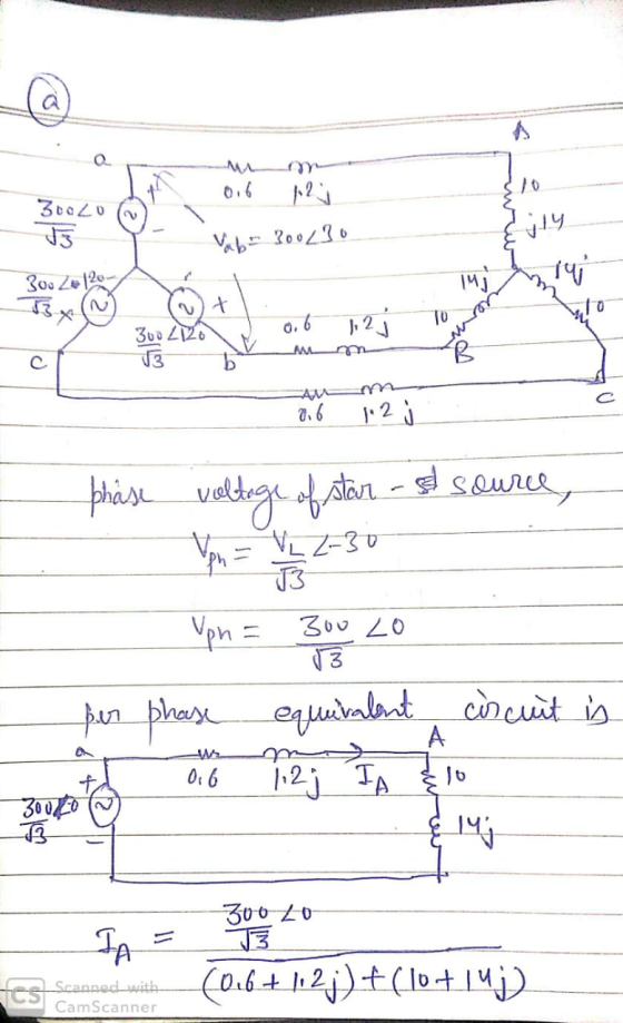 0.6 p2j 3oolo Vabr 300230 2 0 2120 0,6 1,2j 0.6 1.2 j phase voltage of star - source, Upn = 300 Lo per phase equivalent circu