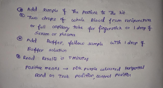 • Add sample of the patient to The kit. Two drops of whole Blood from venipencture or I drop of or full capillary tube for fi